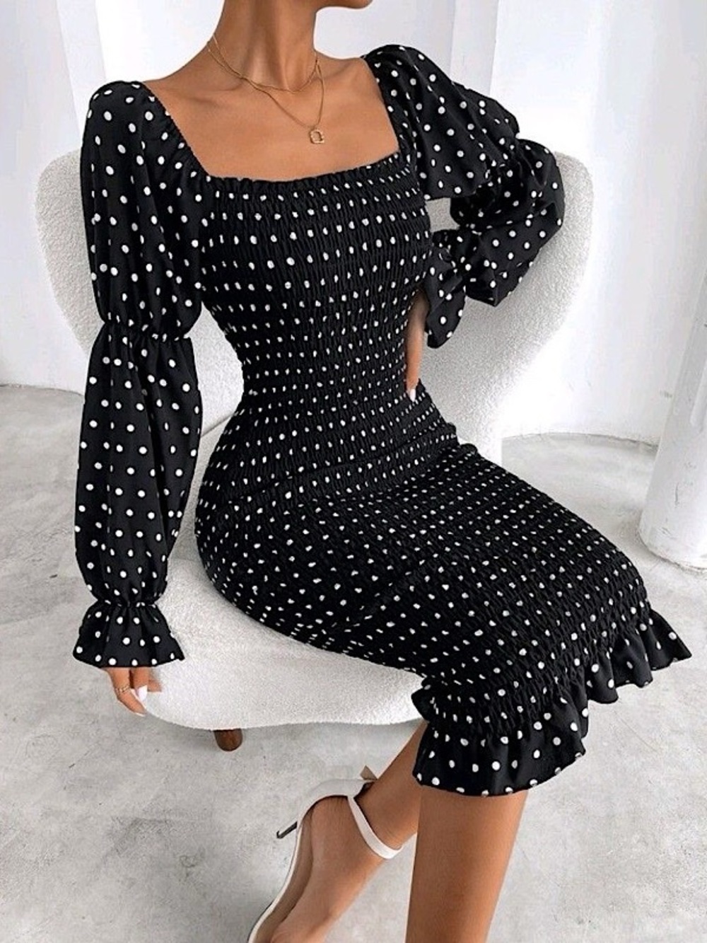 Black Puffed Long Sleeve Off Shoulder Shirred Bodycon Dress Coquette Girl